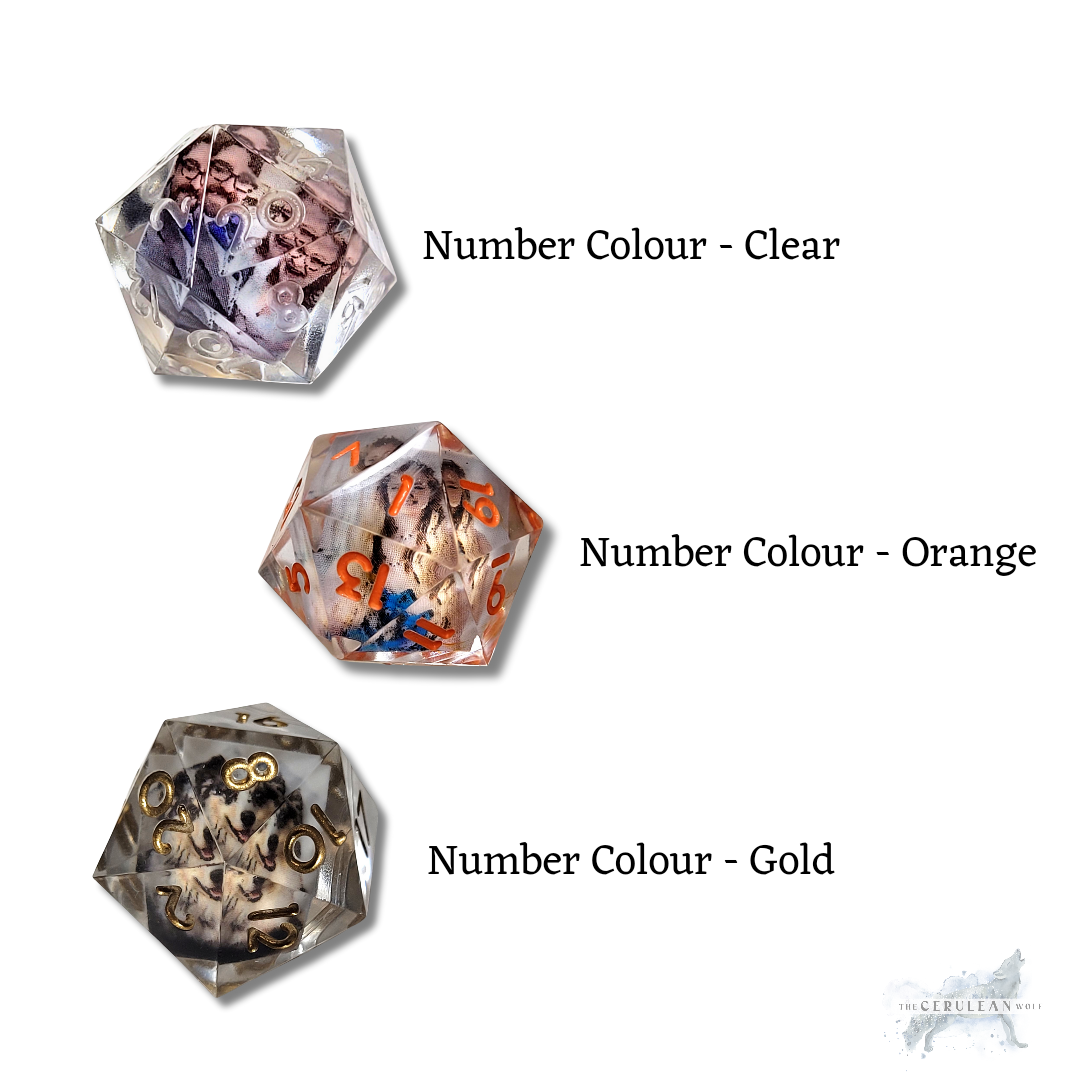 The Cerulean Wolf’s Customisable D20 Add Your Own Photo Keyring lets you feature your own image in a 20-sided die design—perfect for collectors or as a unique, personal gift. The Cerulean Wolf logo appears at the bottom right.