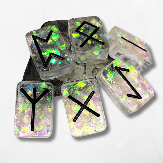 25 Holographic and Black Elder Futhark Runes - The Cerulean Wolf
