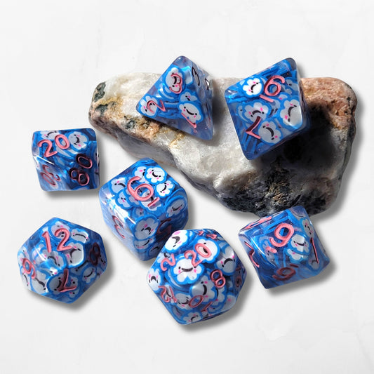 7 Blue & White Cloud DND Dice - The Cerulean Wolf
