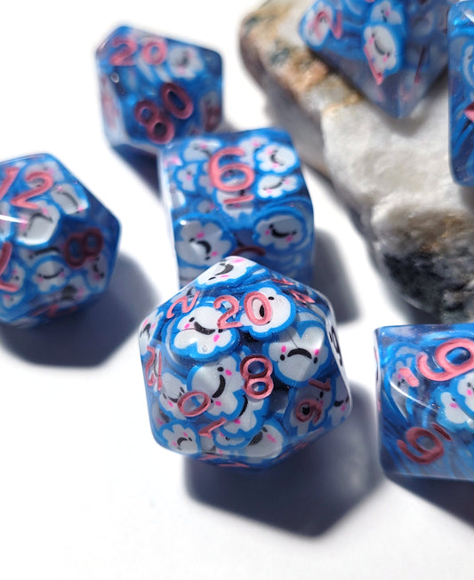 7 Blue & White Cloud DND Dice - The Cerulean Wolf