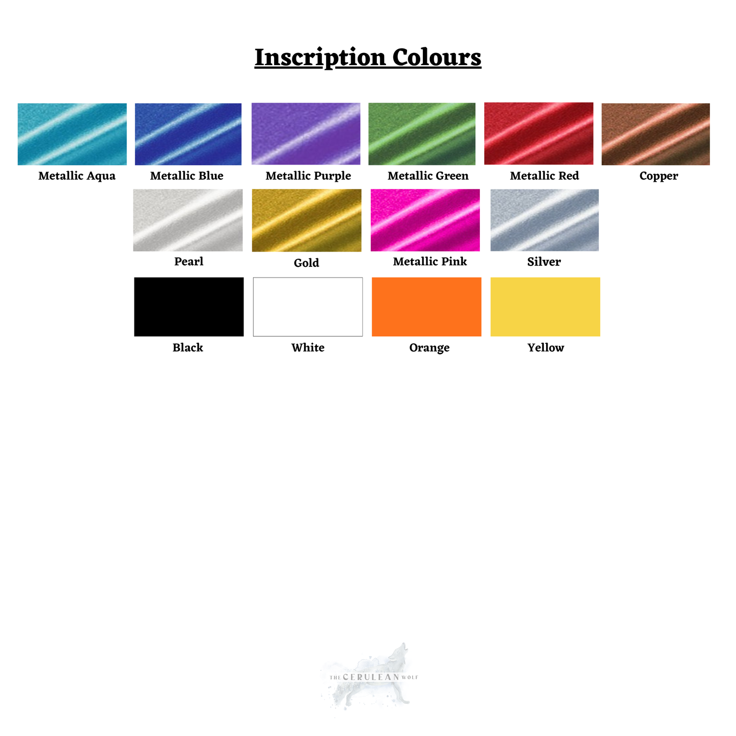 A chart titled Inscription Colours displays 15 color swatches for The Cerulean Wolf’s 25 Customisable Elder Futhark Runes—featuring Metallic Aqua, Metallic Blue, Copper, Pearl, Gold, Silver, and more for epoxy resin rune engraving.