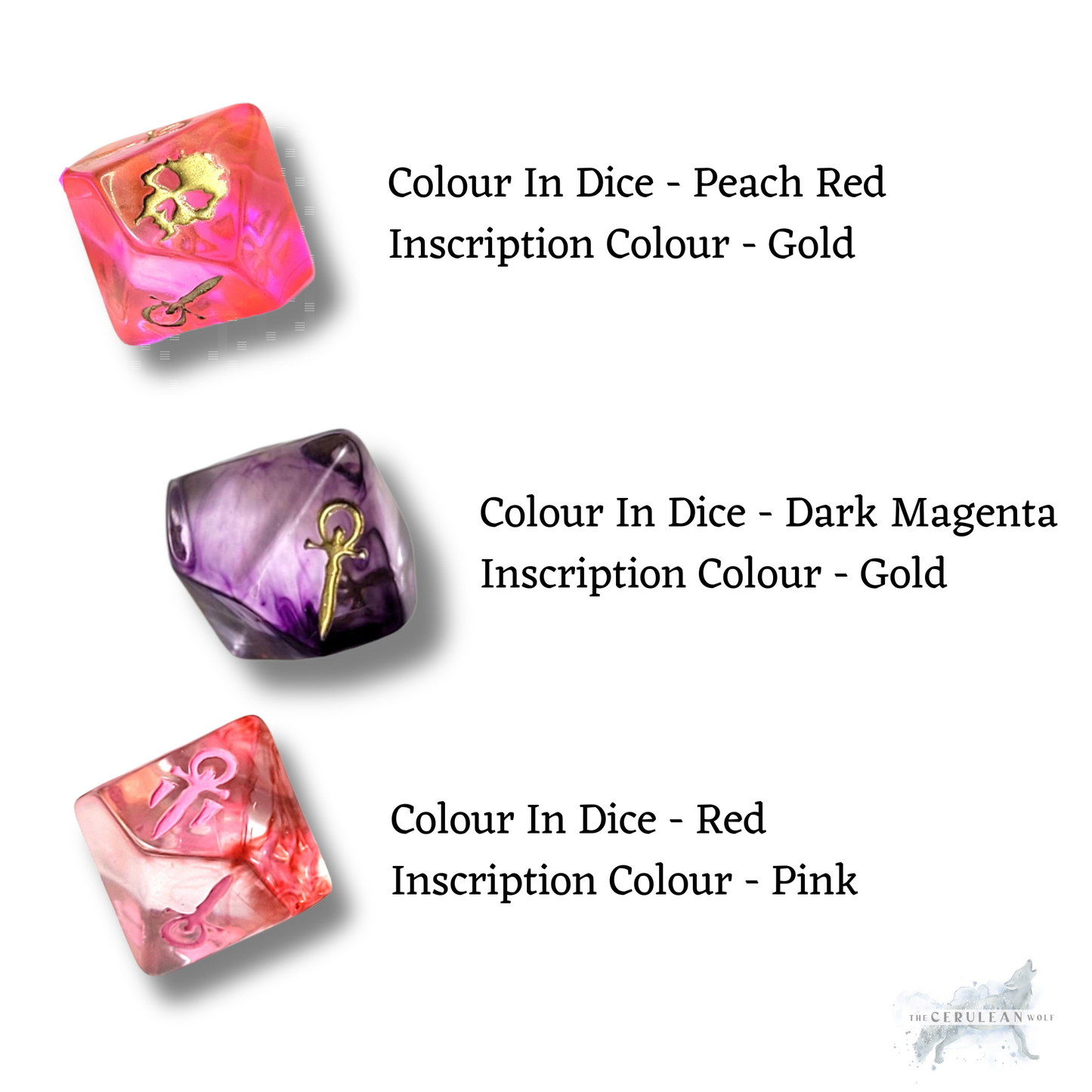 Three colorful dice with gold inscriptions on a white background