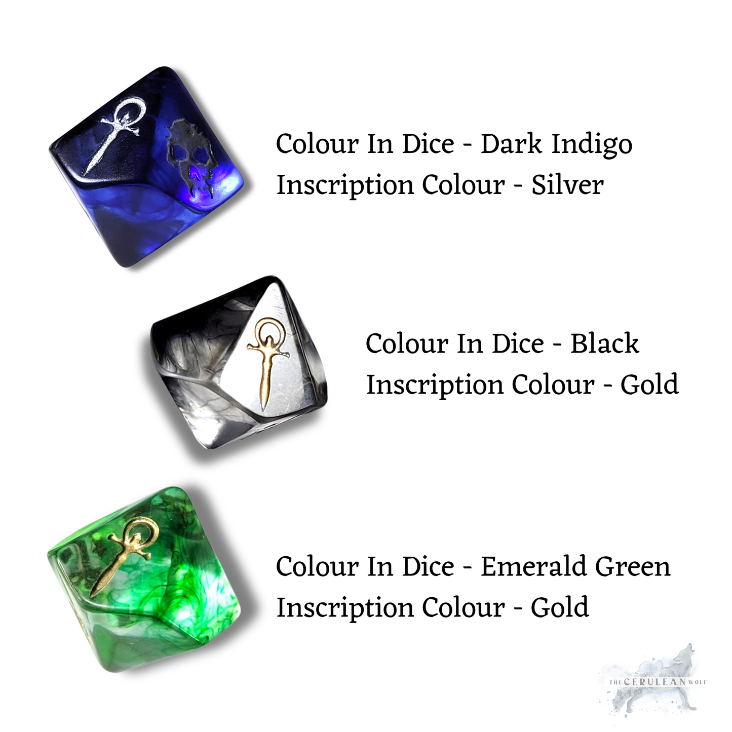Three dice with different colored inscriptions on a white background