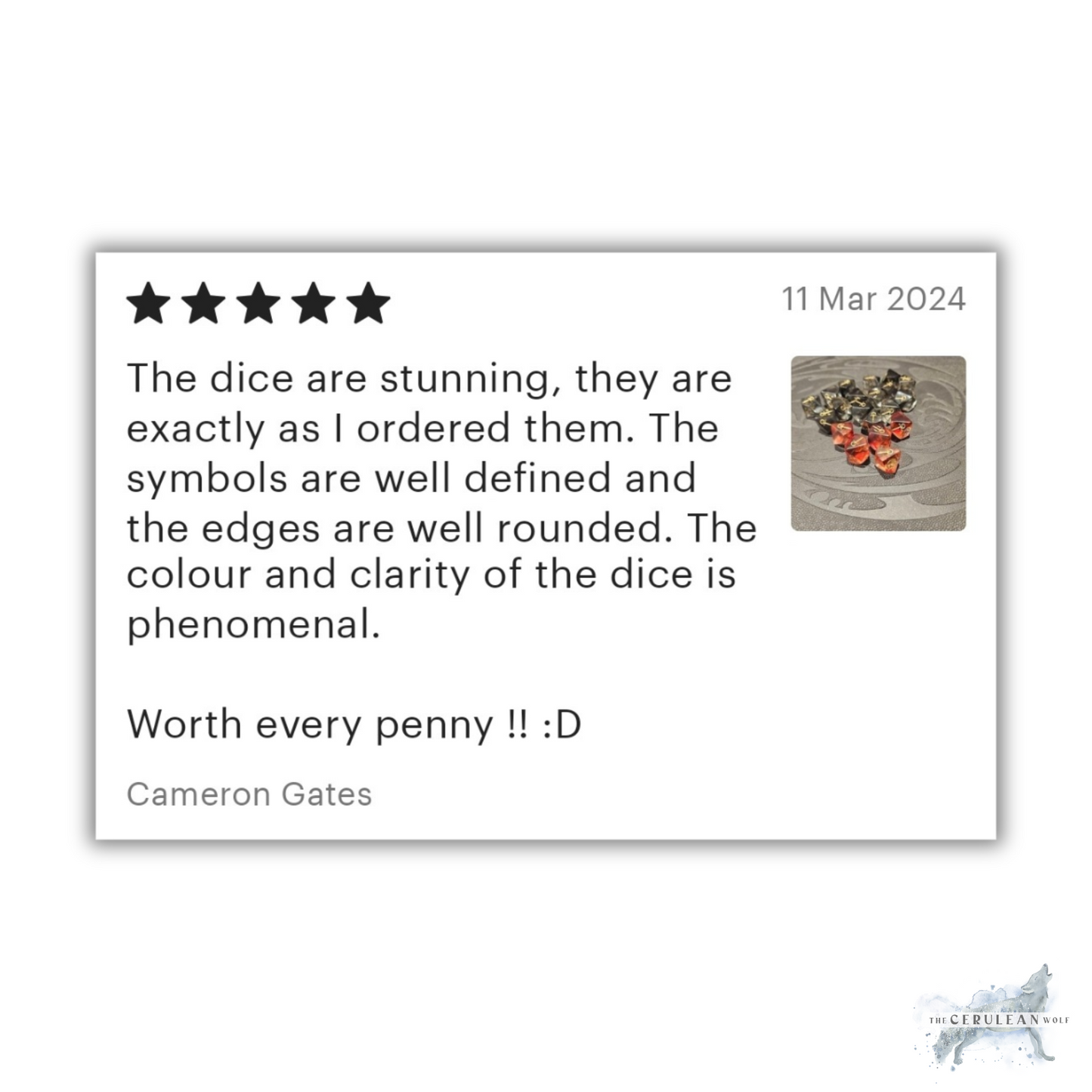Product review with five-star rating and text on a white background