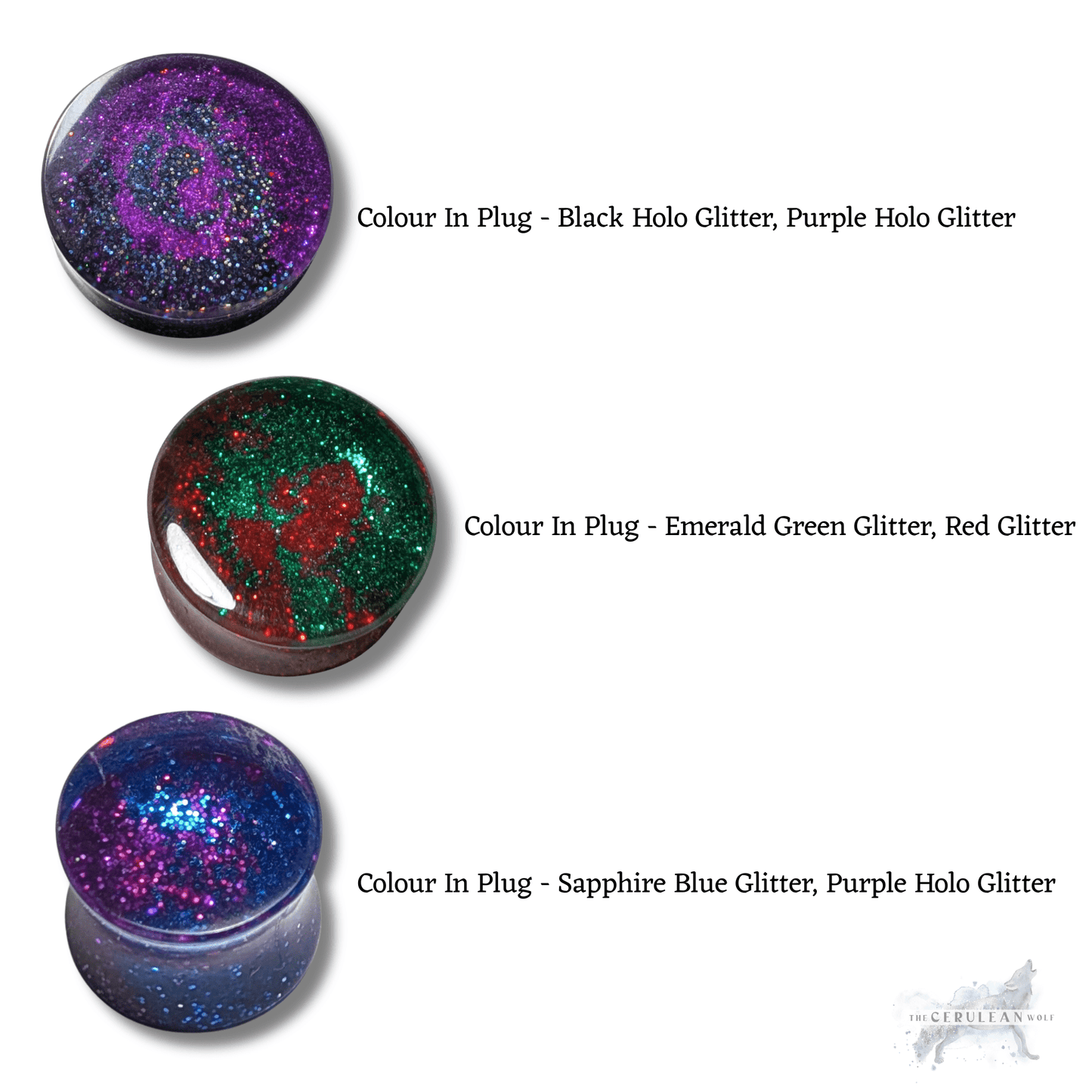 Customisable Glitter Double Flared Plugs - The Cerulean Wolf