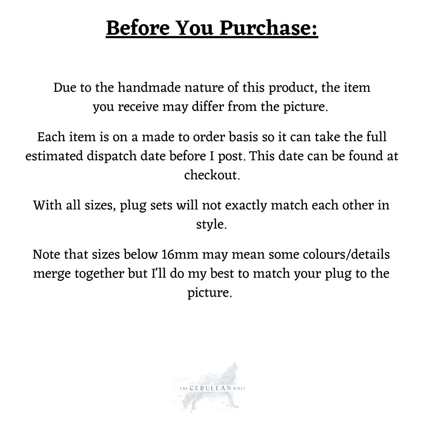 Black text on white explains that The Cerulean Wolfs Customisable Double Flared Plugs are handmade, so items may differ from photos, vary in size, or show merged details. A small wolf logo appears at the bottom.