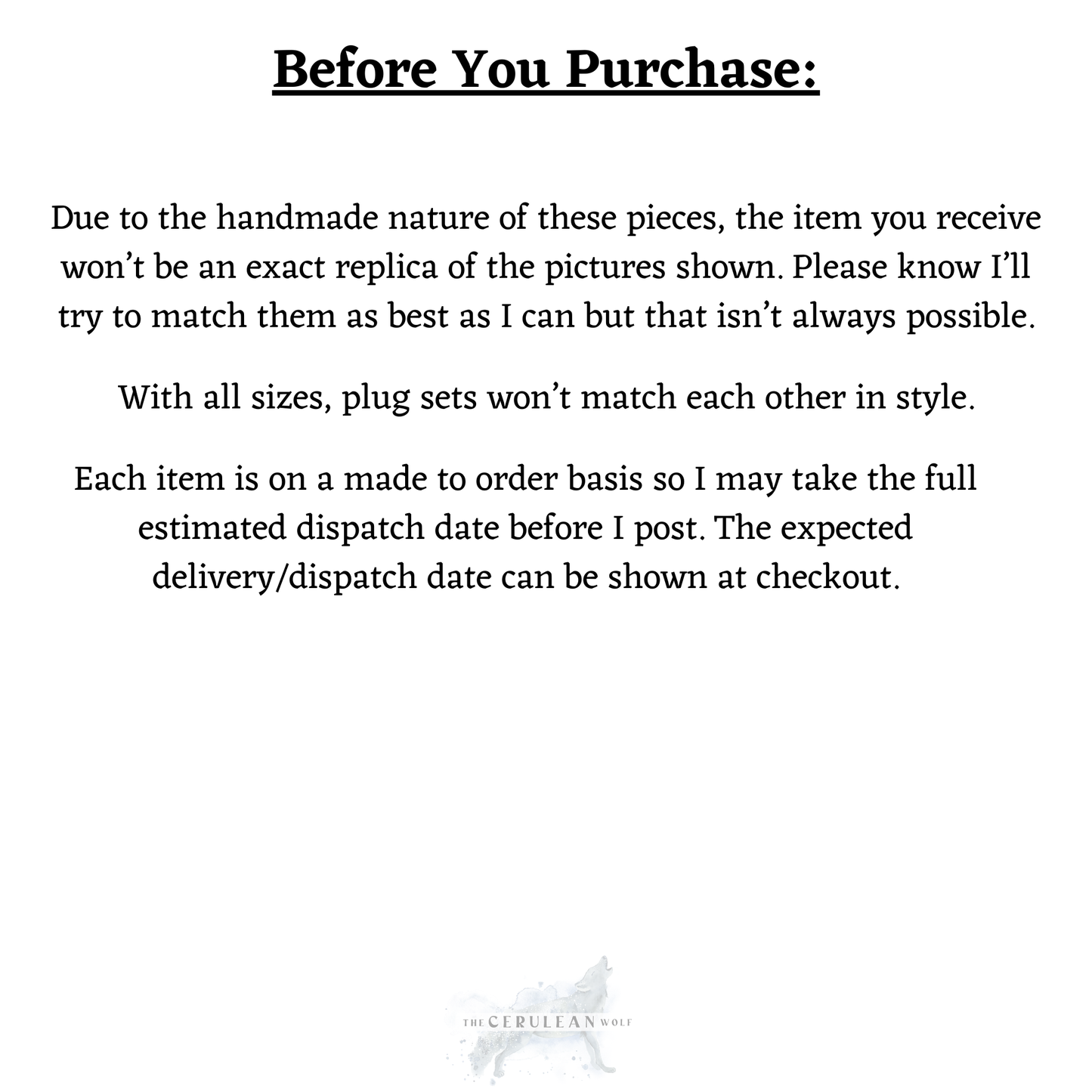 A bold notice titled Before You Purchase explains that The Cerulean Wolf’s Ocean Mist Double Flared Plugs are handmade, so pieces may differ from photos, sets may not match exactly, and delivery dates are estimated at checkout.