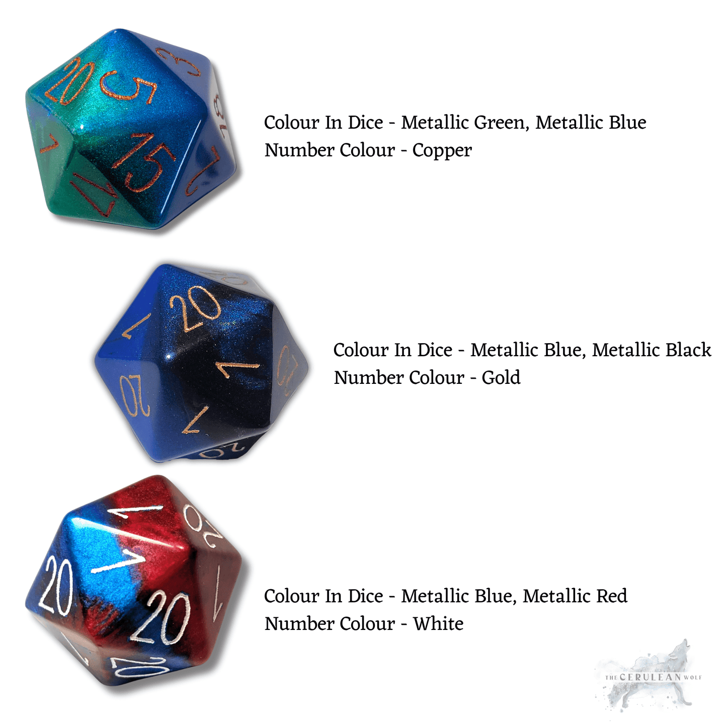 Large Custom Numbers and Colours D20 - The Cerulean Wolf