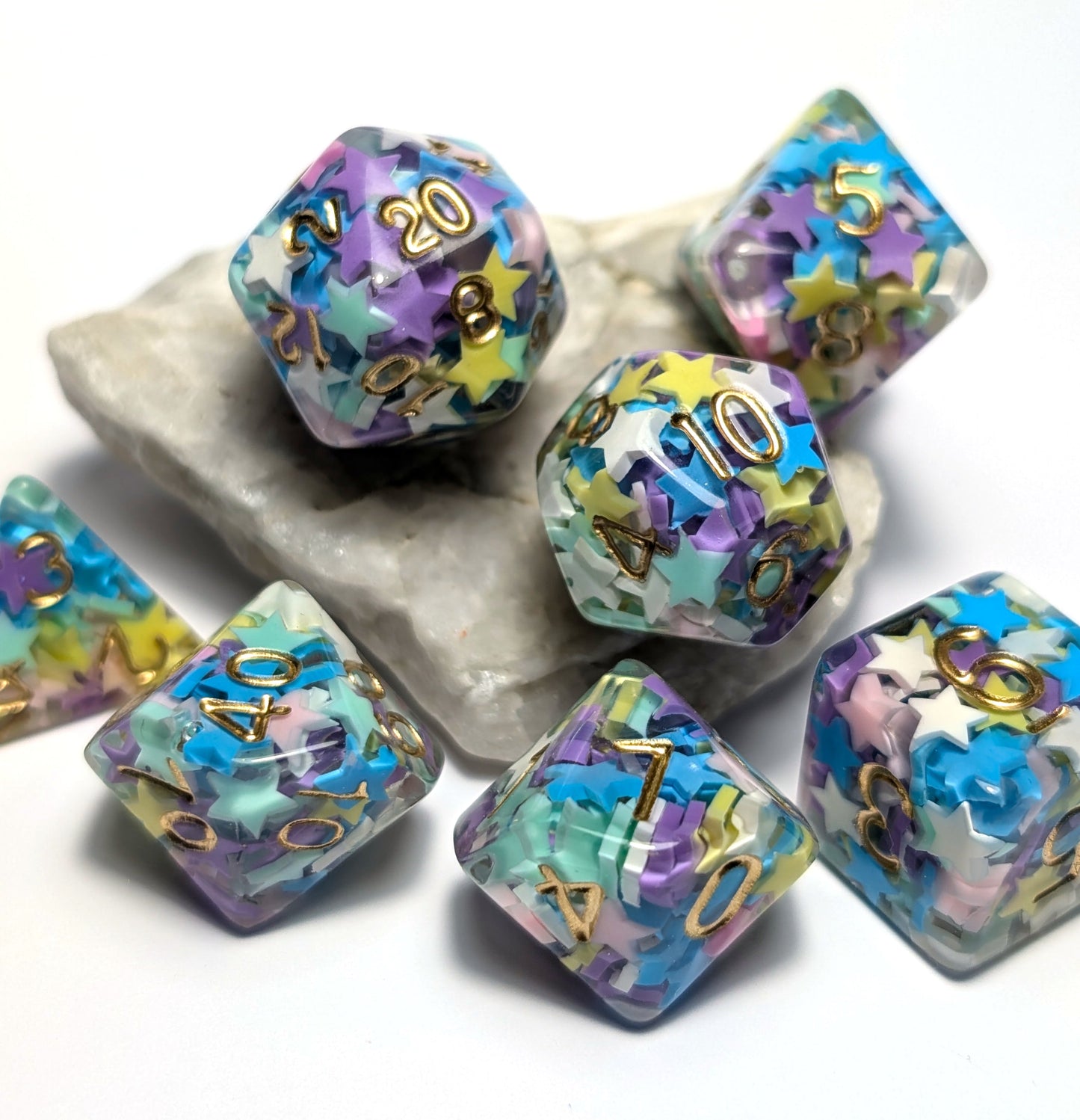 Multicoloured Stars 7 DND Dice - The Cerulean Wolf