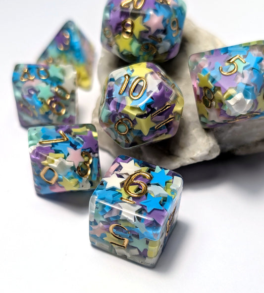 Multicoloured Stars 7 DND Dice - The Cerulean Wolf