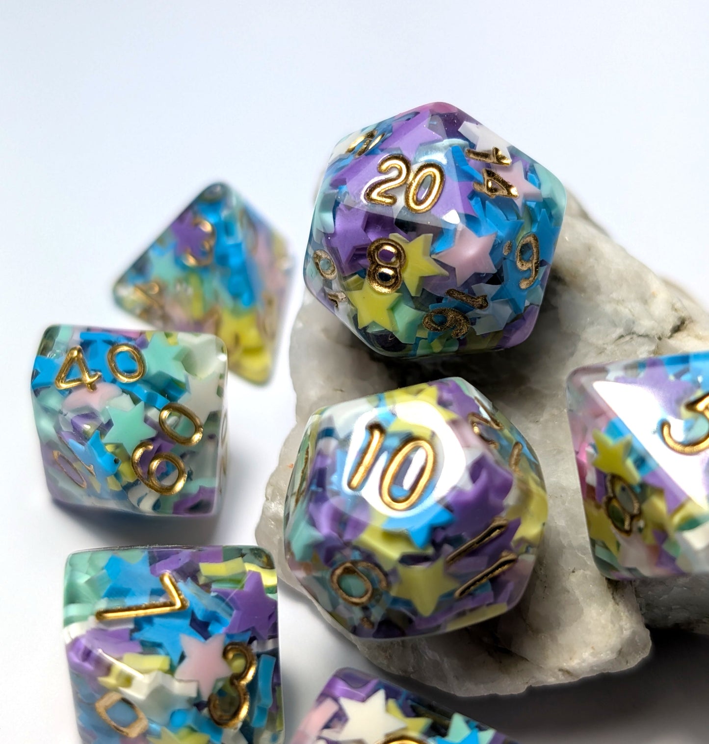 Multicoloured Stars 7 DND Dice - The Cerulean Wolf