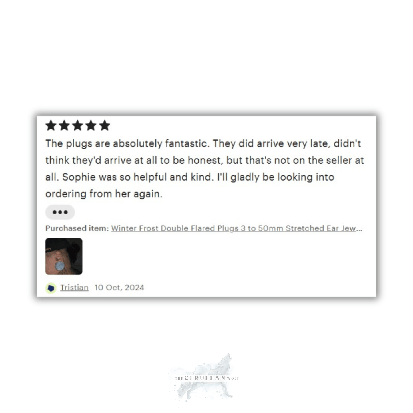 Five-star product review with a white background