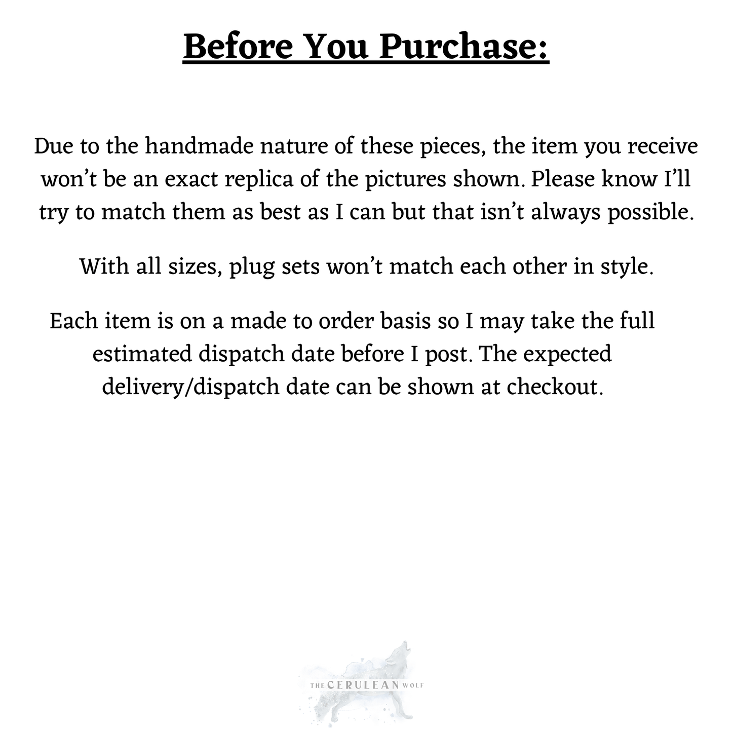 Text message about handmade nature of items and dispatch date explanation on a white background with a logo at the bottom.
