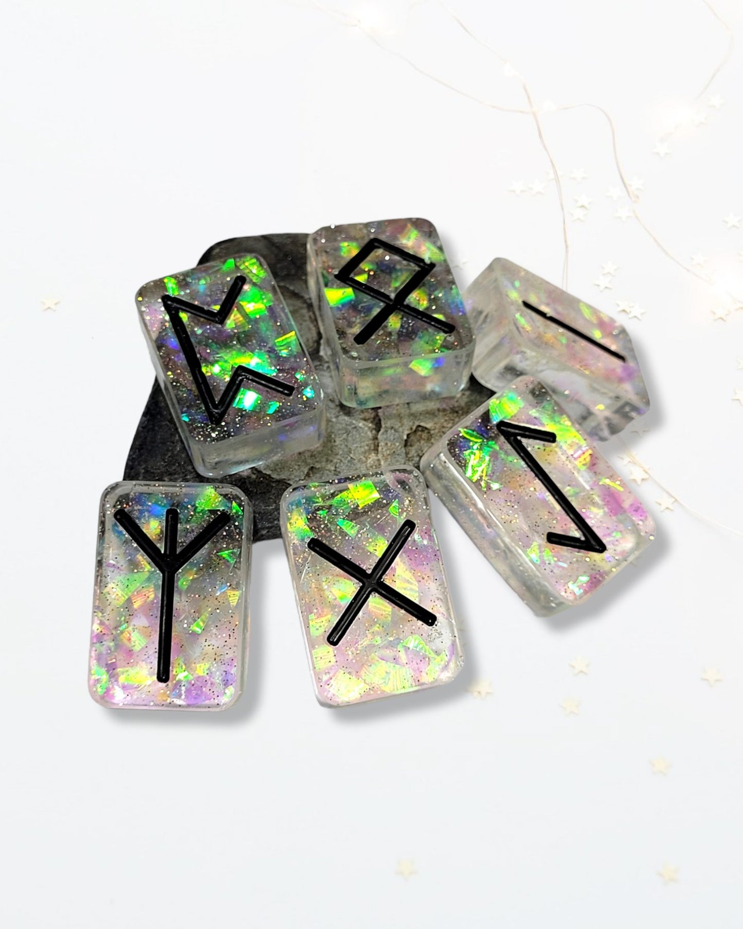 25 Holographic and Black Elder Futhark Runes - The Cerulean Wolf