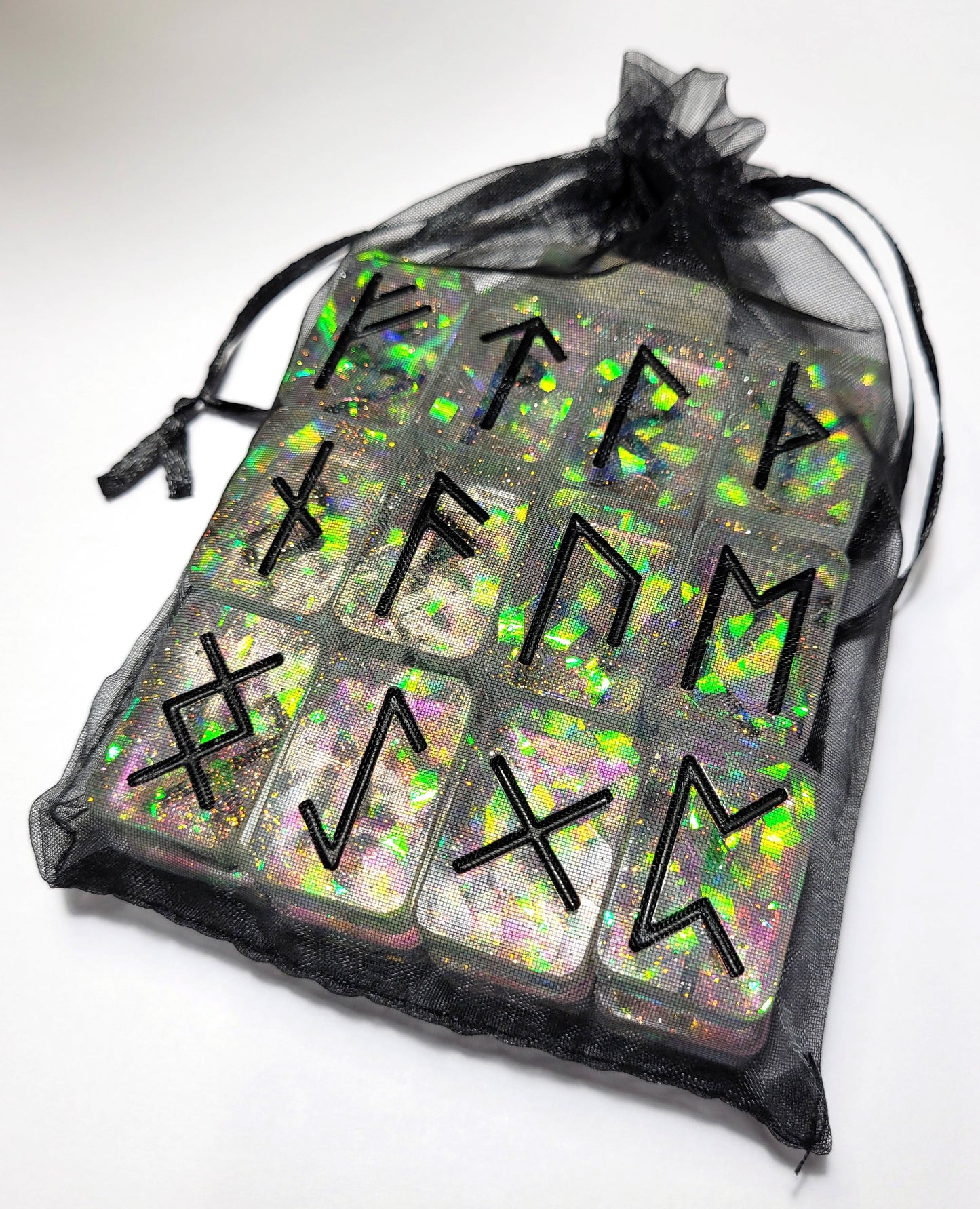 25 Holographic and Black Elder Futhark Runes - The Cerulean Wolf