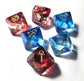 Set of red and blue dice with gold symbols on a white background