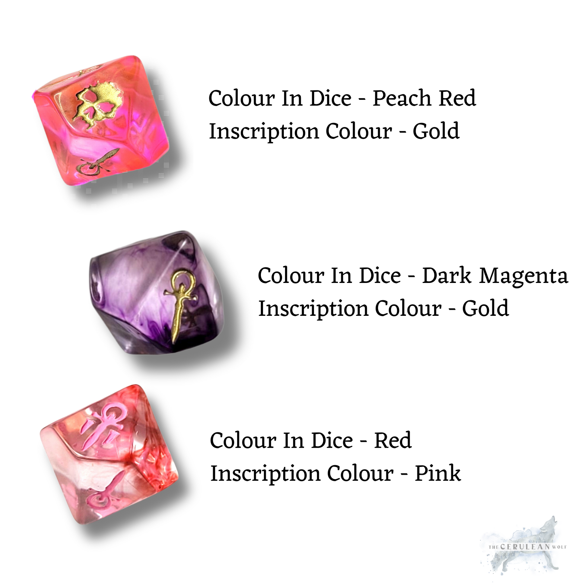 Three colorful dice with gold inscriptions on a white background