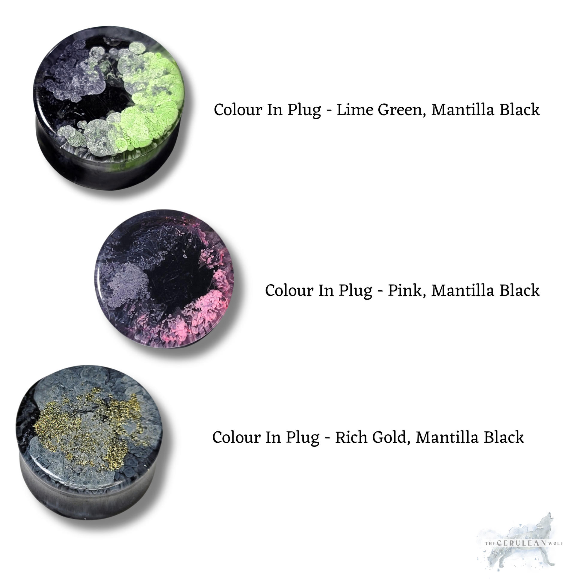 Three Customisable Double Flared Plugs from The Cerulean Wolf feature round epoxy resin tops, black bases, and accents in lime green, pink, or gold. Each plug showcases a unique color detail for standout style.