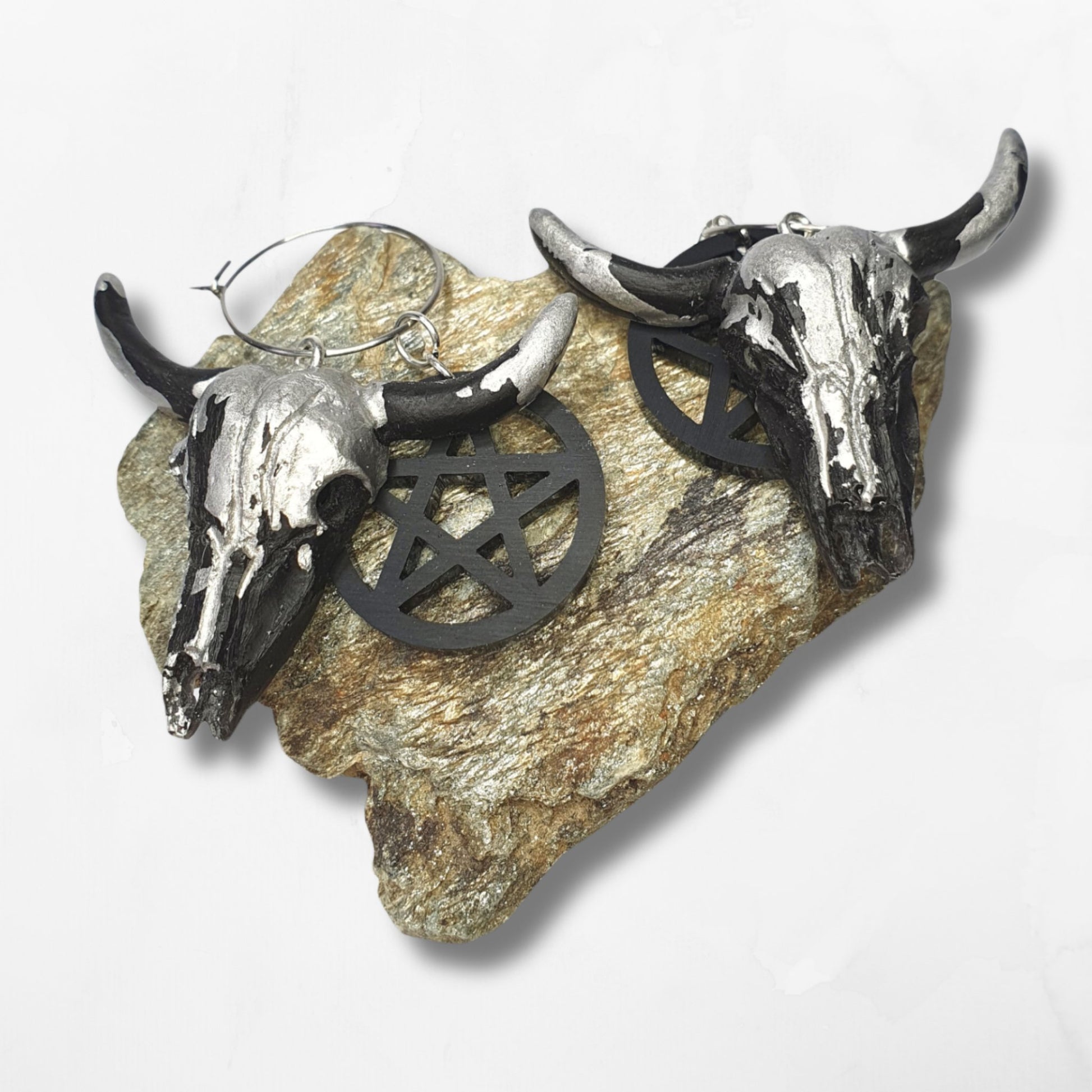 Black and Silver Skull Earrings With Black Pentagrams - The Cerulean Wolf