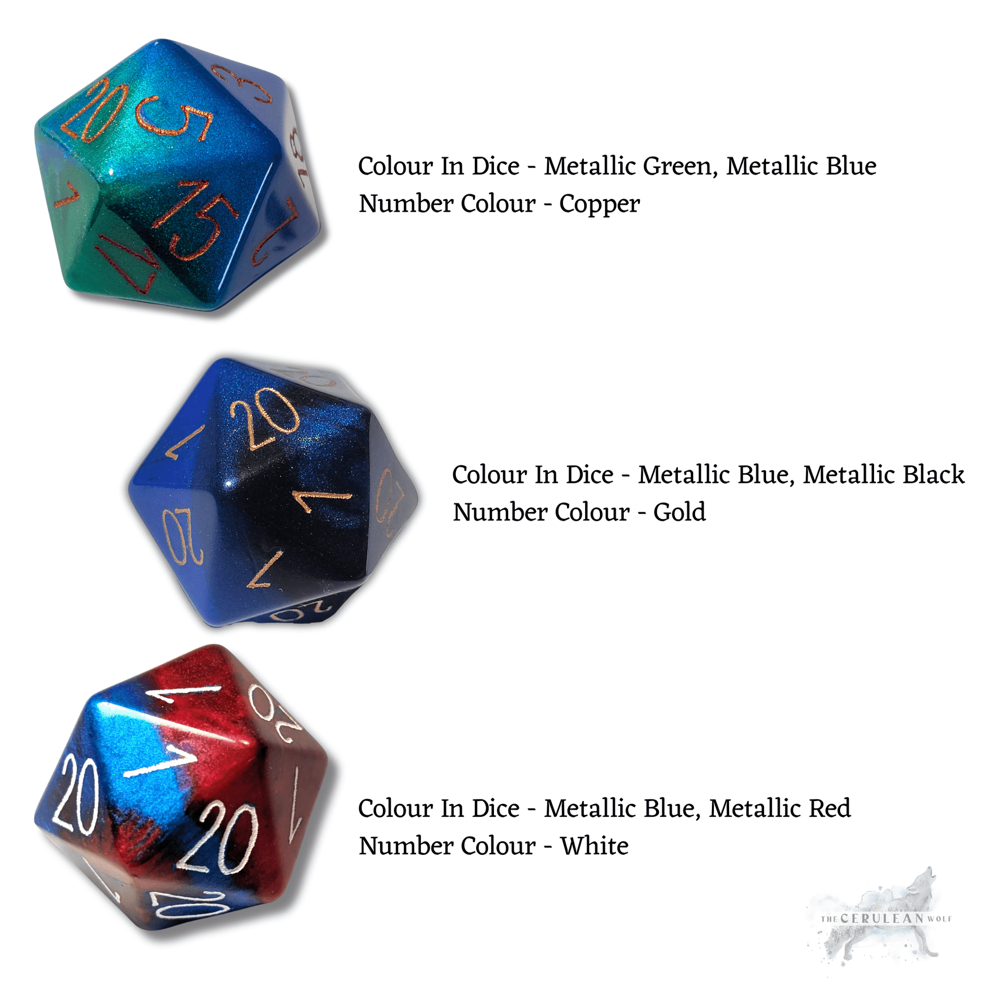Large Custom Numbers and Colours D20 - The Cerulean Wolf