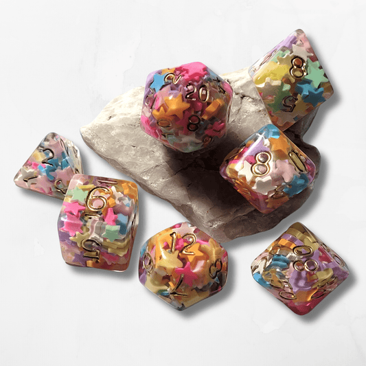 Multicoloured Stars 7 DND Dice - The Cerulean Wolf