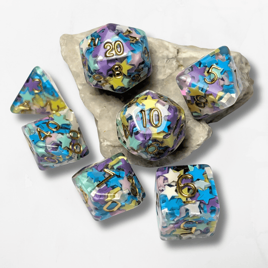 Multicoloured Stars 7 DND Dice - The Cerulean Wolf