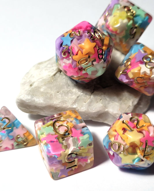 Multicoloured Stars 7 DND Dice - The Cerulean Wolf