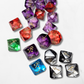 Colorful Vampire The Masquerade dice with differing symbols on a white background