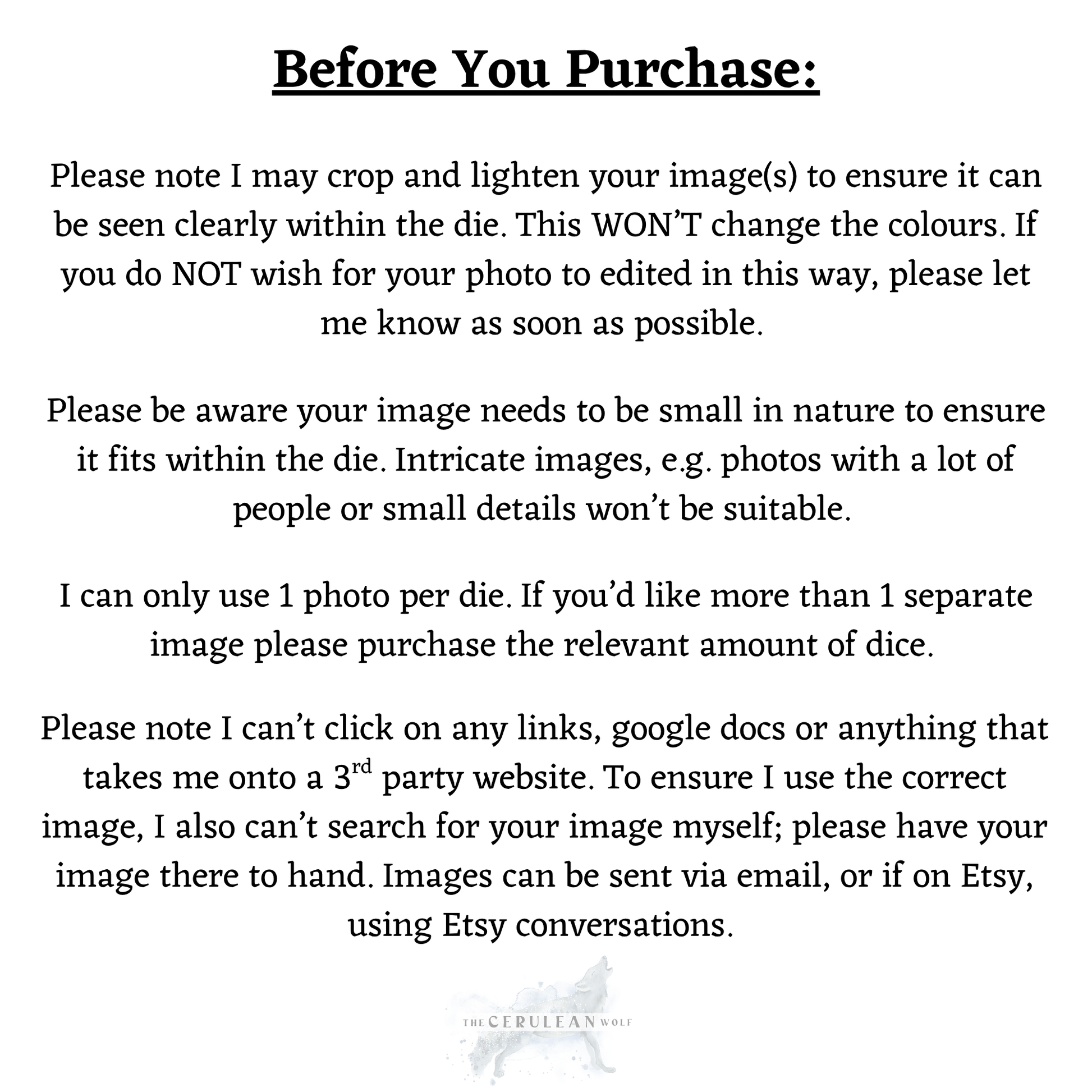 Black text on white explains Custom Photograph D6 photo rules for The Cerulean Wolf: crop image, correct size, use one photo, upload file only—no searching or using links for images.