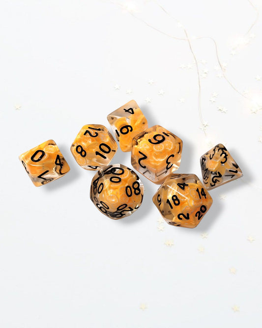7 Orange Slice Black Inscription DND Dice - The Cerulean Wolf